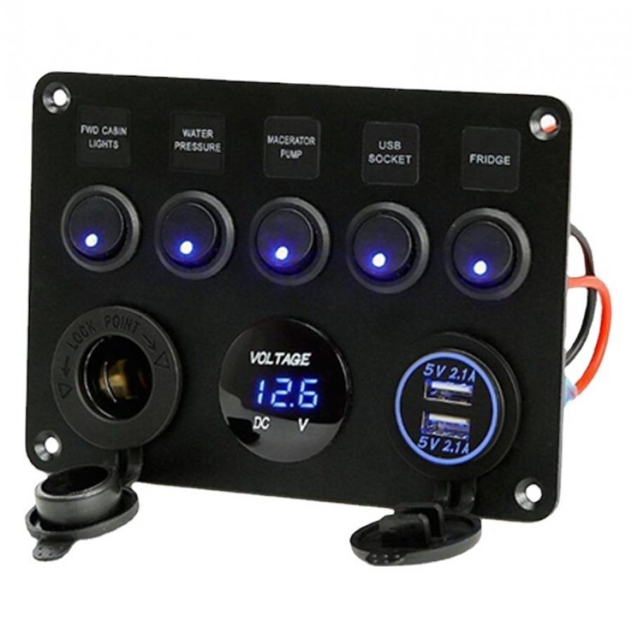 12-24v 5구 스위치, 전압계, 듀얼 USB LED 백라이트 패널 (파랑) [TYE-SP002]