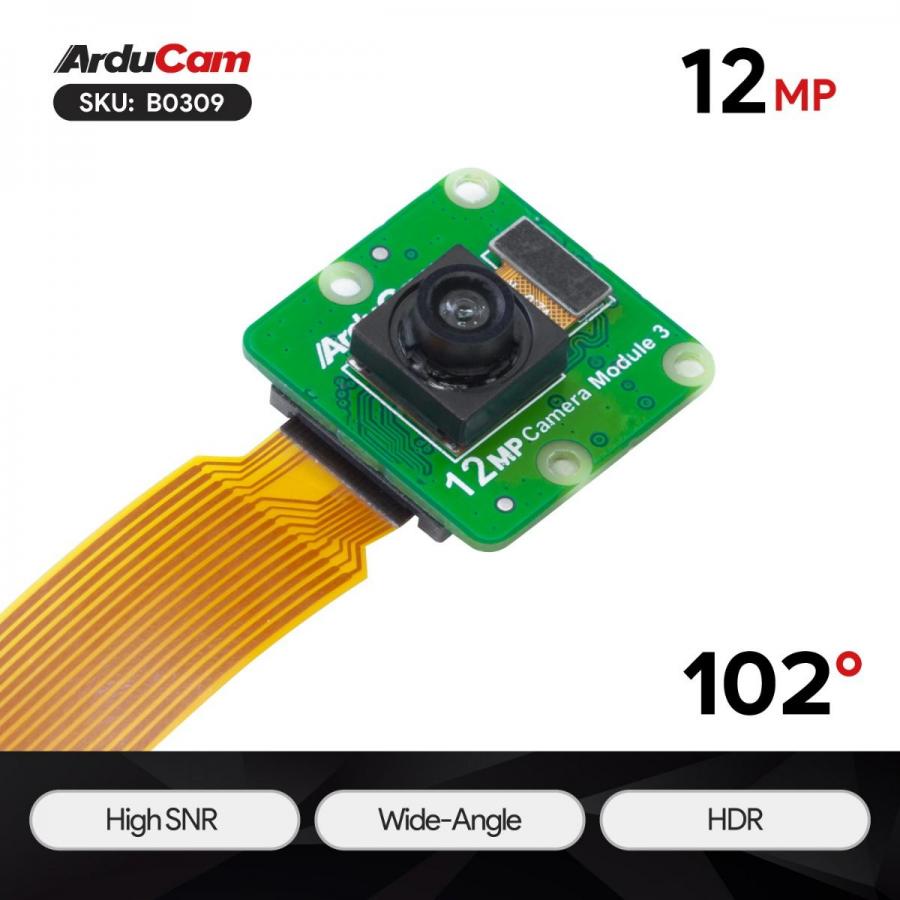 Arducam 12MP IMX708 102 Degree Wide-Angle Fixed Focus HDR High SNR Camera Module for Raspberry Pi [B0309]
