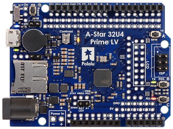 디바이스마트,오픈소스/코딩교육 > 아두이노 > 아두이노 호환보드,Pololu,A-Star 32U4 Prime LV microSD #4008,Atmel’s ATmega32U4 마이크로컨트롤러 기반의 보드. (USB케이블 별매)