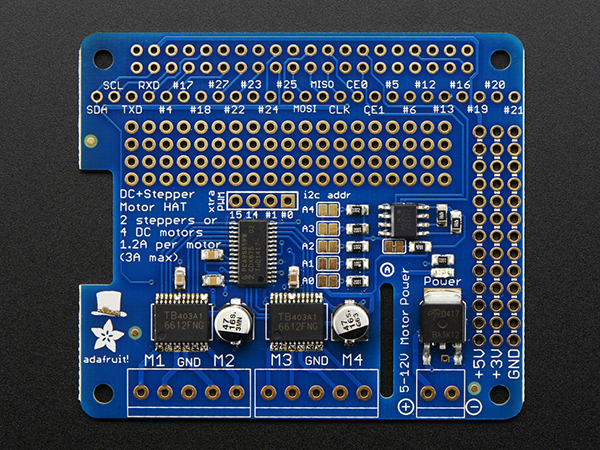 디바이스마트,MCU보드/전자키트 > 버튼/스위치/제어/RTC > 모터/모터컨트롤,Adafruit,Adafruit DC & Stepper Motor HAT for Raspberry Pi - Mini Kit [ada-2348],라즈베리파이 호환 add-on / 65mm x 56mm x 13mm / 4개의 H-Bridges (각 1.2A, 최대 3A) / 4.5 ~ 13 VDC / 최대 4개의 양방향 DC 모터 및 2개의 스텝모터 가능 / 라즈베리파이 A+, B+, 2 와 호환! (라즈베리파이, 모터, 배터리 팩은 별매)