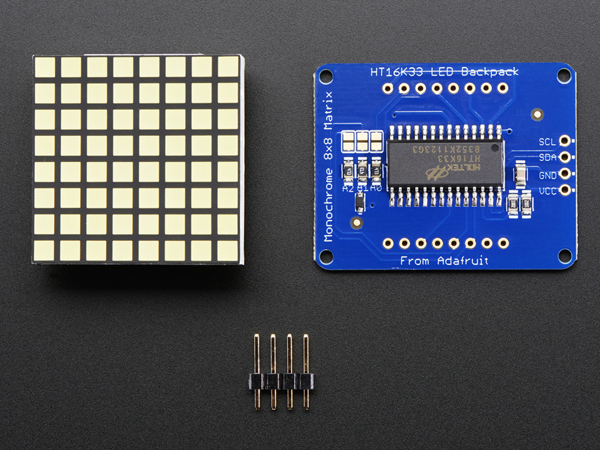 디바이스마트,LED/LCD > LED 인테리어조명 > LED 모듈,Adafruit,Small 1.2' 8x8 Ultra Bright Square White LED Matrix + Backpack [ada-1857],1.2' LED backpack / 8x8 매트릭스 사각 픽셀 / 4핀 헤더 / 이미지는 가장 낮은 밝기로 촬영하였습니다.