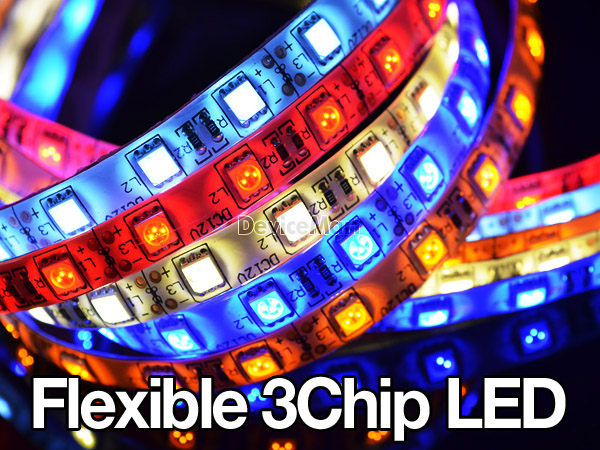 디바이스마트,LED/LCD > LED 인테리어조명 > 플렉서블 LED,,Flexible 3칩 5050 LED 5색 에폭시 방수,Flexible 타입 3칩 LED, 5050 사이즈, 에폭시 방수 처리가 되어 있으며 쉽게 변형이 가능하여 어느곳이든 적용하기가 간편, 1마디(LED 3EA / 5cm) 간격입니다. 옵션 길이로 컷팅/판매하며 1롤은 5M입니다.