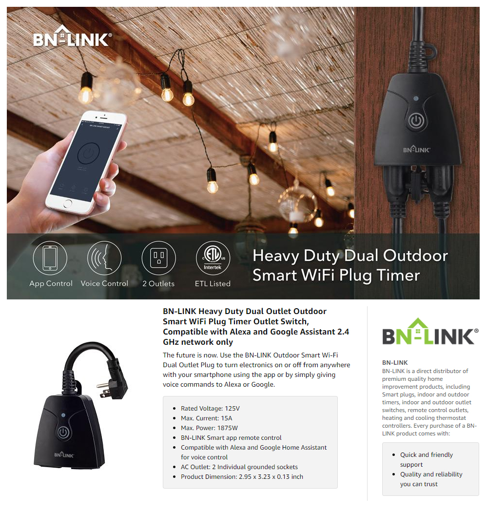 BN-Link Outdoor Smart Wifi Plug, Heavy Duty Wifi Timer with One
