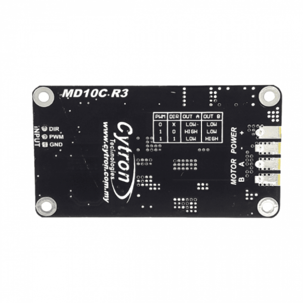 디바이스마트,MCU보드/전자키트 > 버튼/스위치/제어/RTC > 모터/모터컨트롤,Cytron,10Amp 5V-30V DC Motor Driver [MD10C],brushed DC motor 1개 양방향 제어 / 작동전압 5V~30V / 전류 최대 13A(연속), 30A(피크)  / 3.3V, 5V 입력 / Arduino, Raspberry Pi 호환 / 역극성 보호 기능 없음 / CE, RoHS 인증