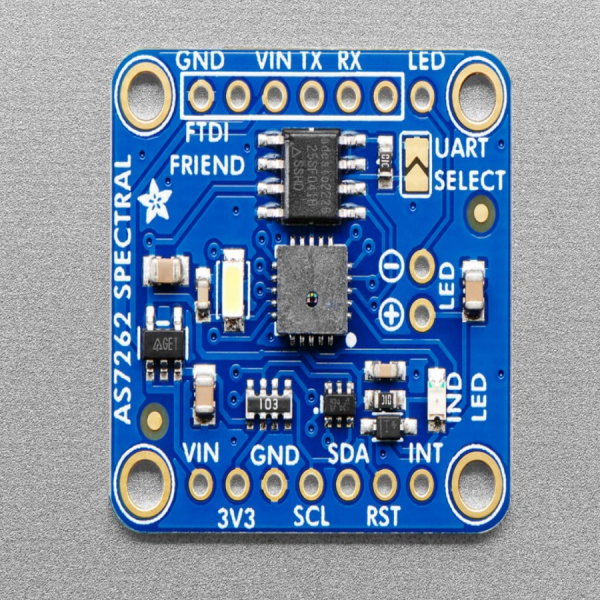 디바이스마트,MCU보드/전자키트 > 센서모듈 > 빛/조도/컬러/UV > 빛/조도/CdS센서,Adafruit,Adafruit AS7262 6-Channel Visible Light / Color Sensor Breakout [ada-3779],광 컬러 센서로 적색, 주황색, 황색, 녹색, 파란색 및 보라색 등 가시 광선 감지 통합 채널 내장 / 칩의 온도를 읽을 수있는 온보드 온도 센서와 더 정확한 색상 감지를 위한 LED 플래시 내장