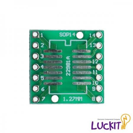 디바이스마트,커넥터/PCB > PCB기판/관련상품 > IC 변환기판 > SOP/TSOP 변환기판,럭킷,SOP14, SSOP14 양면 변환보드,SOP14 혹은 SSOP14 IC를 DIP으로 변환하여 사용이 가능한 양면 변환보드 입니다 / 재질 : FR-4 / SIZE : 17.78 X 17.78 [MM]