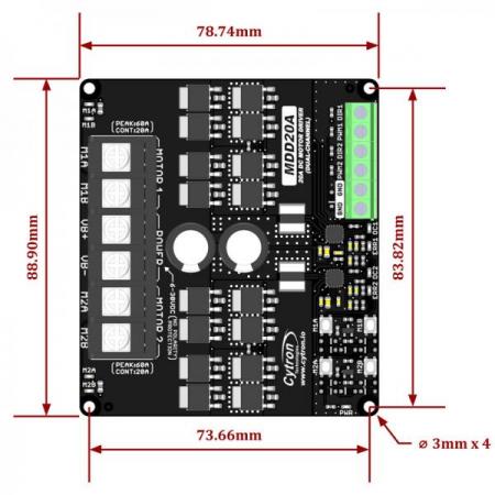 디바이스마트,MCU보드/전자키트 > 버튼/스위치/제어/RTC > 모터/모터컨트롤,Cytron,20Amp 6V-30V DC Motor Driver (2 Channels) [MDD20A],brushed DC motor 2개 양방향 제어 / 작동전압 6V~30V / PWM 및 DIR 입력으로 제어 가능 / 1.8V ~ 12V의 입력으로 Arduino, Raspberry Pi, PLC 호환 / 과전류, 온도 보호 기능 내장 / RoHS 인증