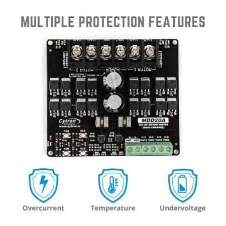 디바이스마트,MCU보드/전자키트 > 버튼/스위치/제어/RTC > 모터/모터컨트롤,Cytron,20Amp 6V-30V DC Motor Driver (2 Channels) [MDD20A],brushed DC motor 2개 양방향 제어 / 작동전압 6V~30V / PWM 및 DIR 입력으로 제어 가능 / 1.8V ~ 12V의 입력으로 Arduino, Raspberry Pi, PLC 호환 / 과전류, 온도 보호 기능 내장 / RoHS 인증