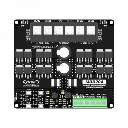 디바이스마트,MCU보드/전자키트 > 버튼/스위치/제어/RTC > 모터/모터컨트롤,Cytron,20Amp 6V-30V DC Motor Driver (2 Channels) [MDD20A],brushed DC motor 2개 양방향 제어 / 작동전압 6V~30V / PWM 및 DIR 입력으로 제어 가능 / 1.8V ~ 12V의 입력으로 Arduino, Raspberry Pi, PLC 호환 / 과전류, 온도 보호 기능 내장 / RoHS 인증