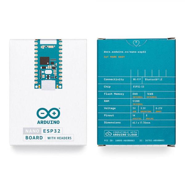 디바이스마트,오픈소스/코딩교육 > 아두이노 > 아두이노 정품 보드/쉴드/키트,Arduino,Arduino Nano ESP32 with headers,ABX00083 / ESP32-S3 와이파이 블루투스 콤보 칩셋 기반의 IoT, 마이크로 파이썬 특화 아두이노 나노 / u-blox NORA-W106(ESP32-S3) 칩셋 / USB-C 커넥터 / 입력 전압 : 6 - 21V / I/O 전압 : 3.3V / 아두이노 IoT 클라우드 및 HID 지원