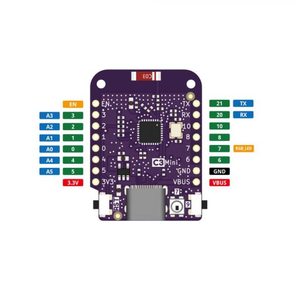 디바이스마트,오픈소스/코딩교육 > 마이크로파이썬 > WeMos > WeMos 정품보드/모듈,WeMos,[정품] LOLIN C3 Mini V2.1.0 ESP32-C3FH4 와이파이 블루투스 개발보드,ESP32-C3FH4 칩셋 전용 / 와이파이 블루투스 기반 IOT 개발보드 / USB-C / 4MB 플래시 / RGB LED, 안테나 성능 향상 / 마이크로파이썬, 아두이노 호환 / 25.4x25.4mm