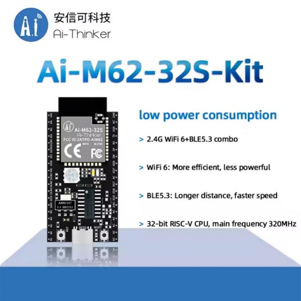 디바이스마트,MCU보드/전자키트 > 통신/네트워크 > 와이파이,Ai-Thinker,WiFi6 + 블루투스 BLE 5.3 콤보 모듈 [Ai-M62-32S-Kit],Ai-M62-32S 모듈용으로 설계된 개발 보드 / 칩셋 : BL616 / 크기 : 49.66*25.4mm / 전압 : 3.3V 또는 5V