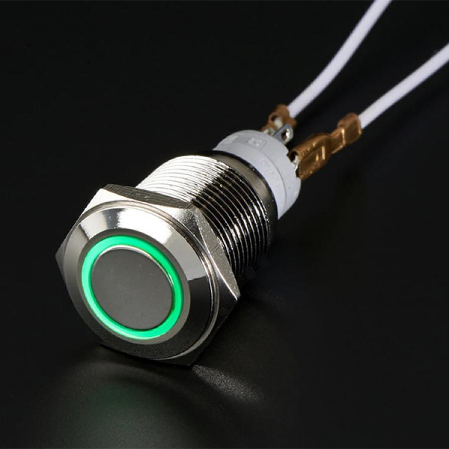 Rugged Metal Pushbutton with Green LED Ring - 16mm Green Momentary [ada-560]