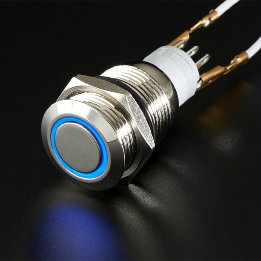 Rugged Metal Pushbutton with Blue LED Ring - 16mm Blue Momentary [ada-481]