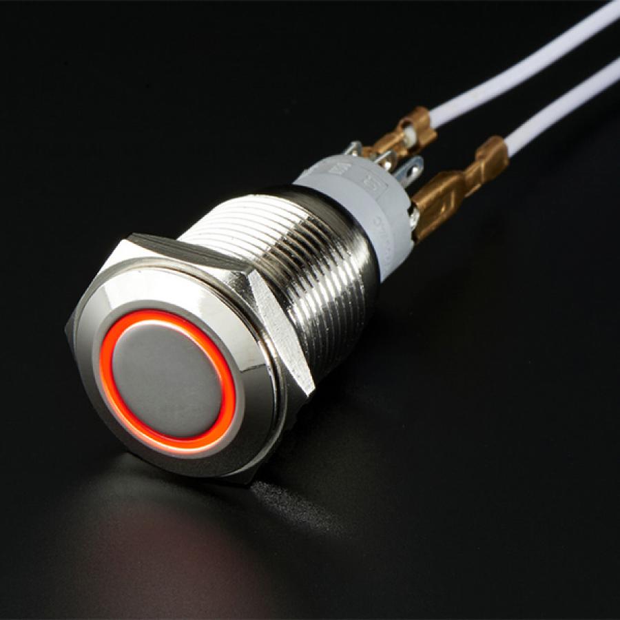 Rugged Metal Pushbutton with Red LED Ring - 16mm Red Momentary [ada-559]